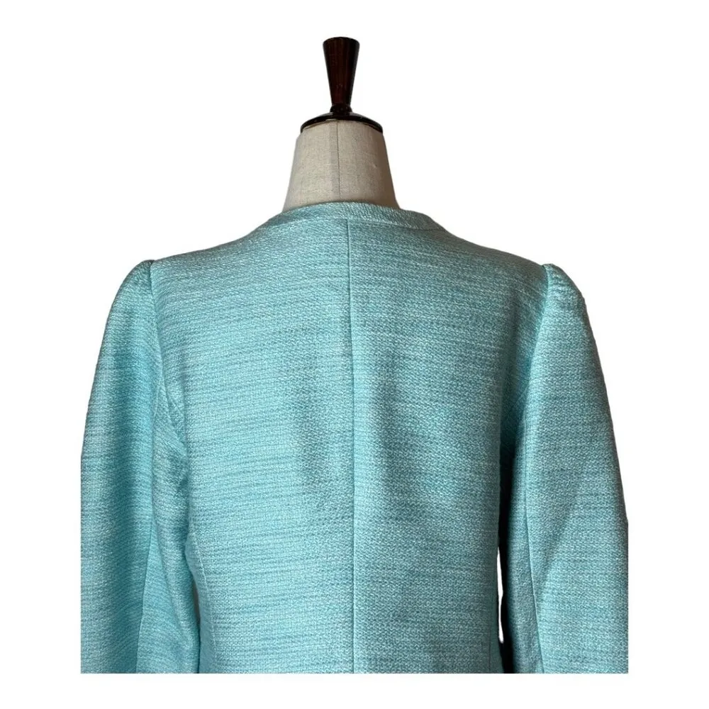 Talbots Blue Shimmer Crew Neck Snap Button Front‎ Puff Sleeve Jacket Size 10 - Image 4