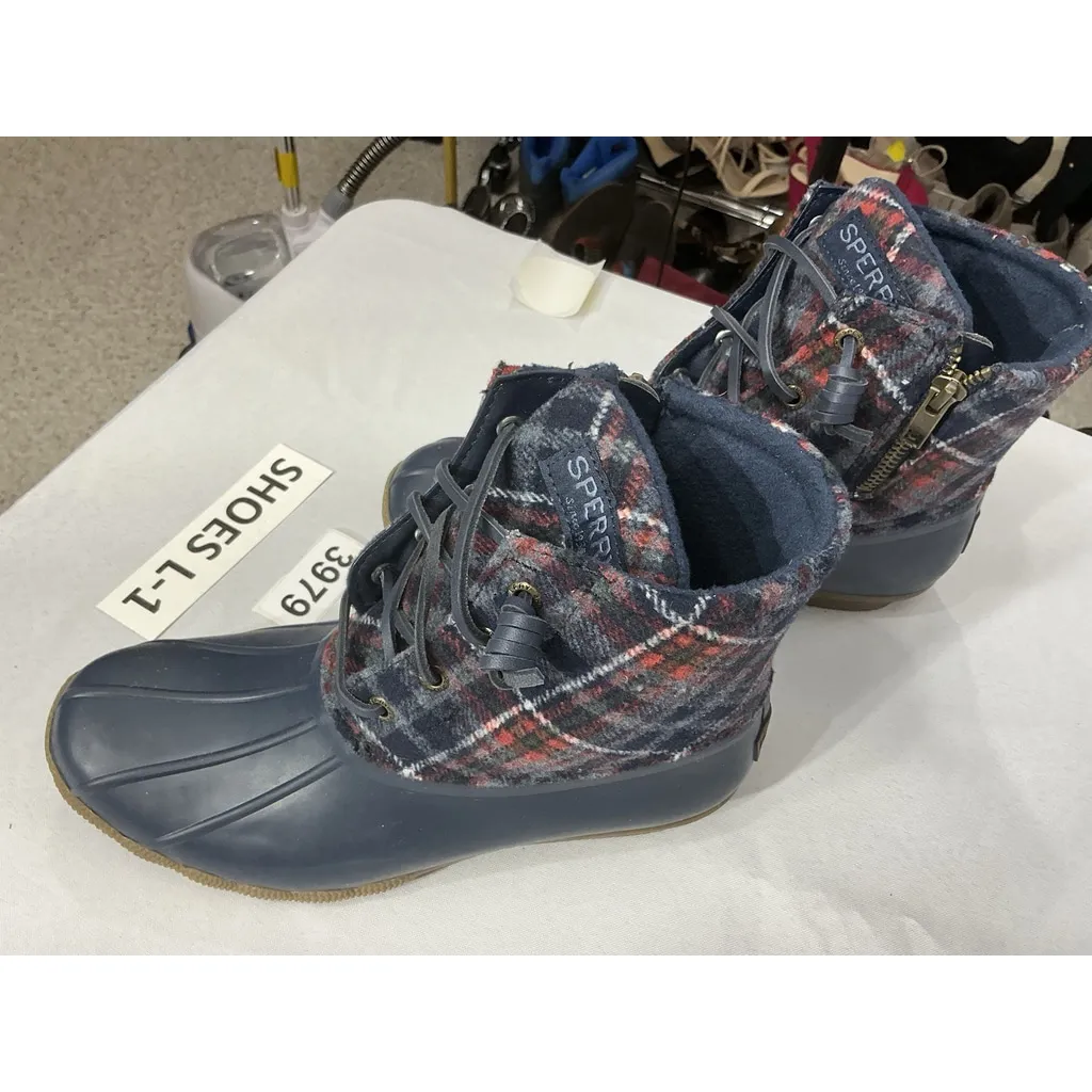 Womans Sperry Duck Boots 7.5 Navy plaid Zip Up Laces - Image 3