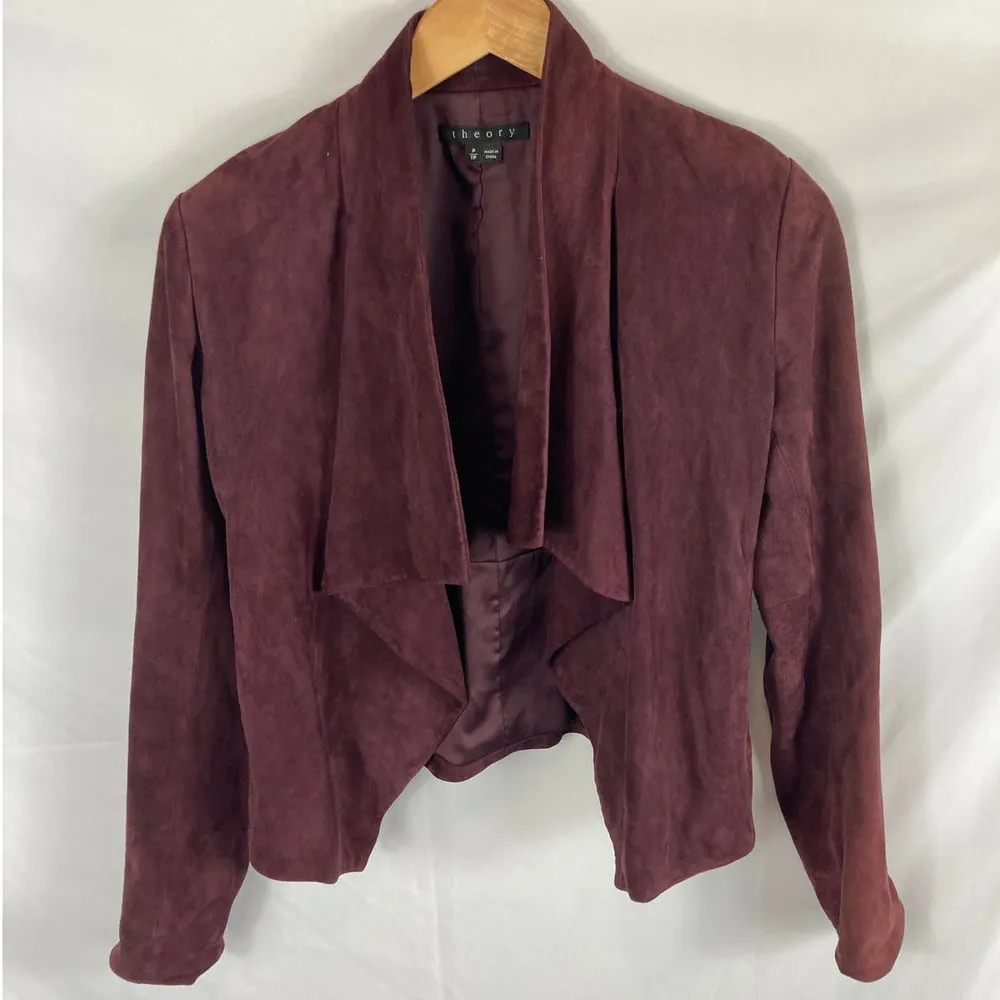 Theory Kanya Galatia Burgundy Wine Lamb Suede Drape Front Crop Jacket Size P - Image 2