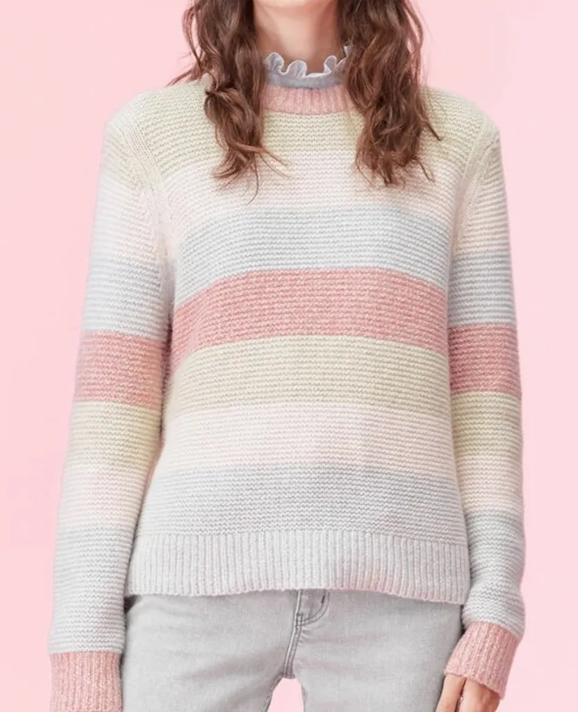 La Vie Rebecca Taylor Pastel Multi Striped Wool Knit Crewneck Sweater Small $395 Pink - Image 1