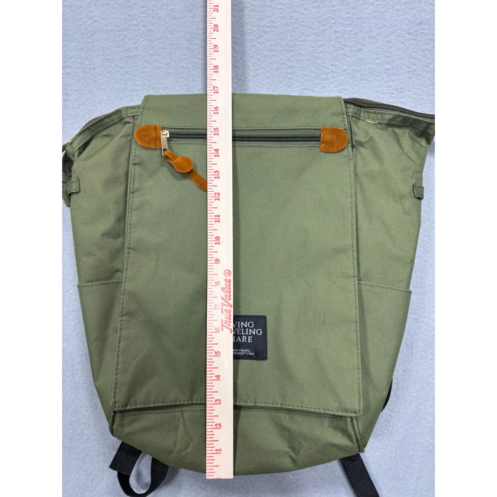 Living Traveling Share Green Canvas Backpack Bag Fold Over Top Zip Pockets - Image 13