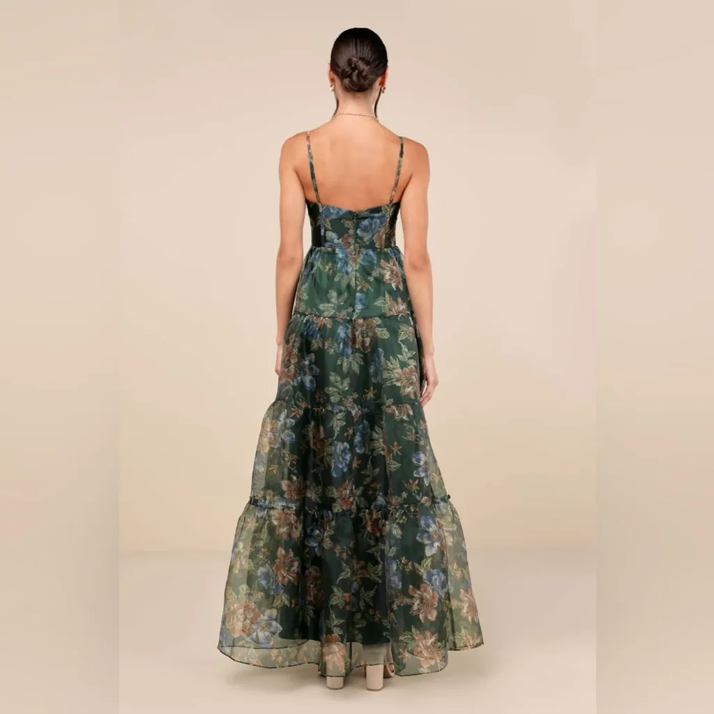 LULU’S Exclusive Glamour Green Floral Organza Tiered Maxi Dress - Image 5