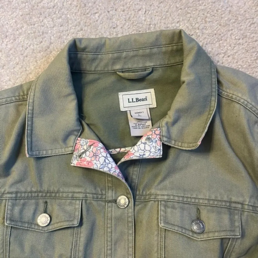 L.L. Bean Denim Jacket Small Green Floral Utility Canvas Trucker Jacket Womens L - Image 5