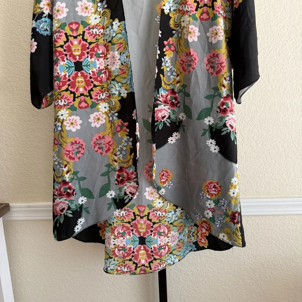 Floral Black Kimono Chic Sheer Lightweight Duster Open Front Oversized Cover Up - Image 5