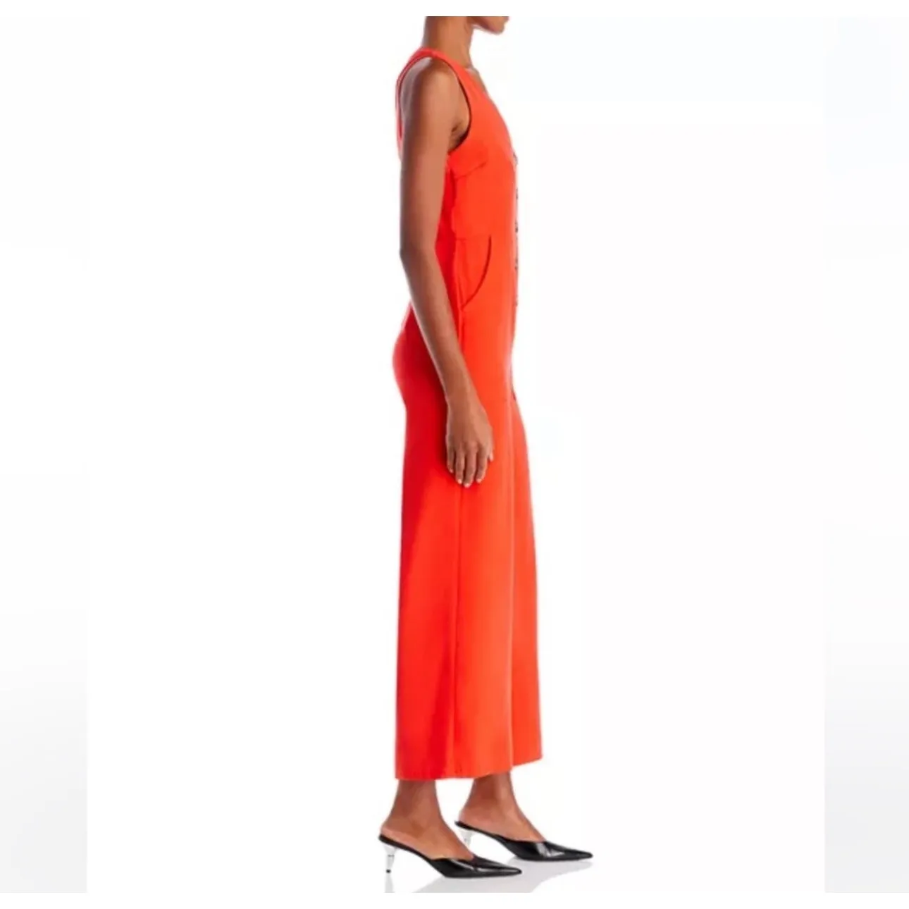 AQUA‎ Women's Orange Button-Front Jumpsuit Wide Leg Sleeveless Back Cut Out - Image 3