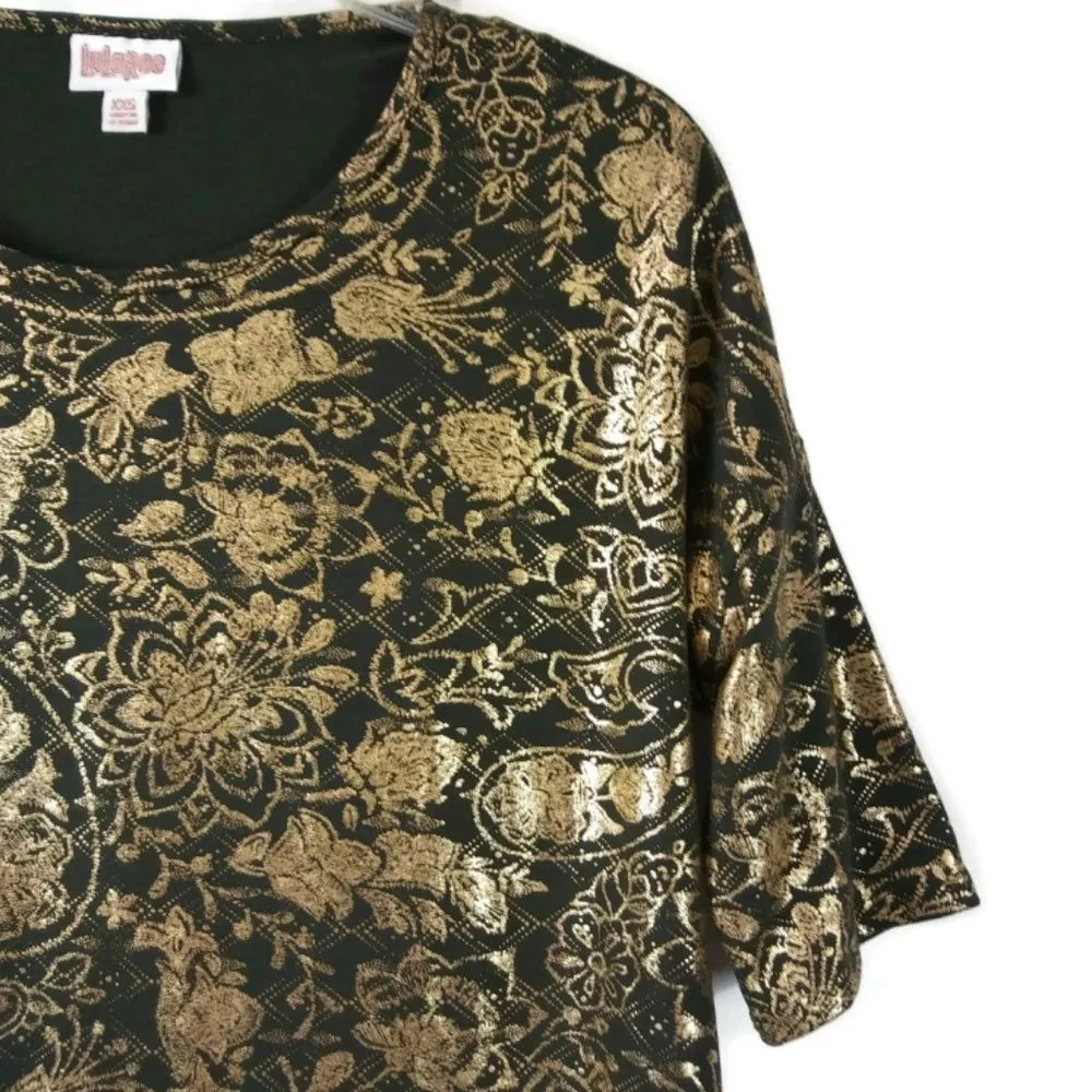 XXS LulaRoe Irma Army Green Gold Foil Floral Top - Image 2