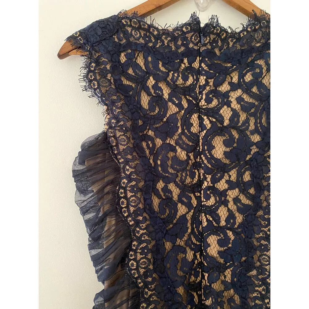 Tadashi Shoji 6 Navy Blue Lace Overlay Ruched Short Knee Length Dress EUC Formal - Image 8