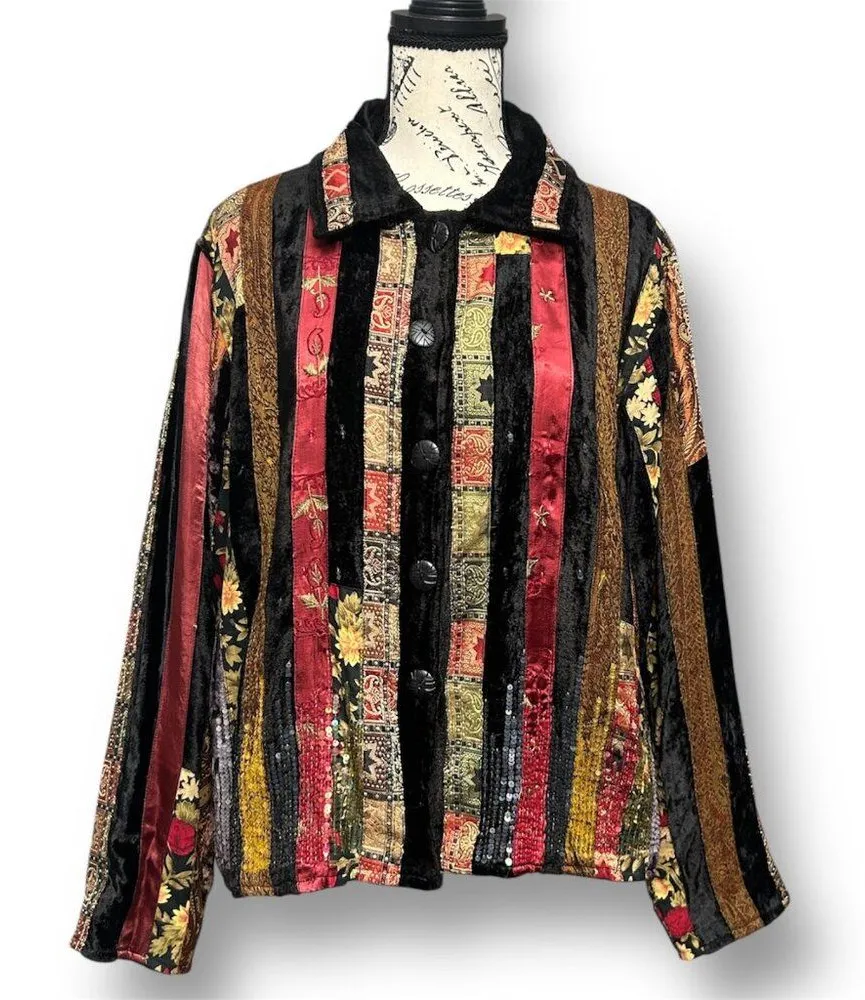 Coldwater Creek PXL Velvet Ribbon Sequin Jacket Boho Patchwork Tapestry Artsy - Image 1