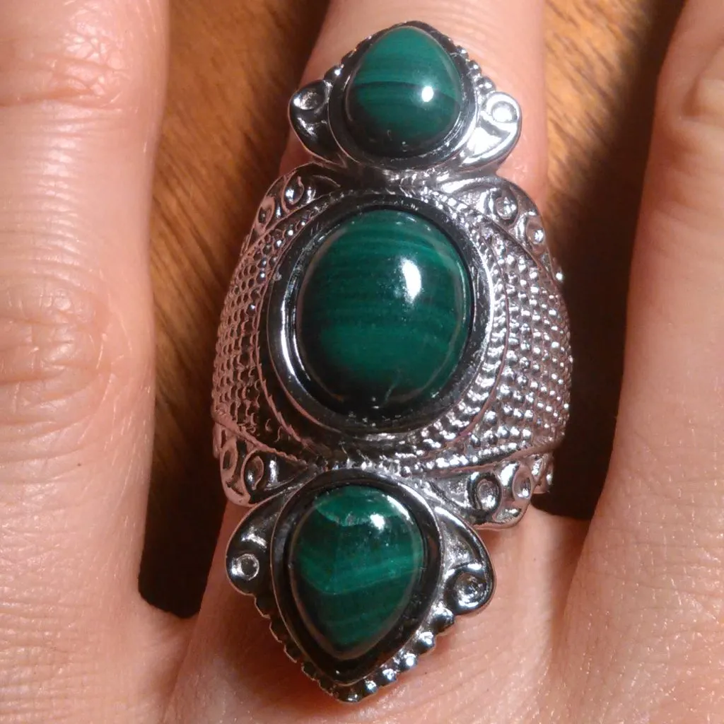 African Malachite Three Stone Stainless Steel Ring (Size 6) - Image 9