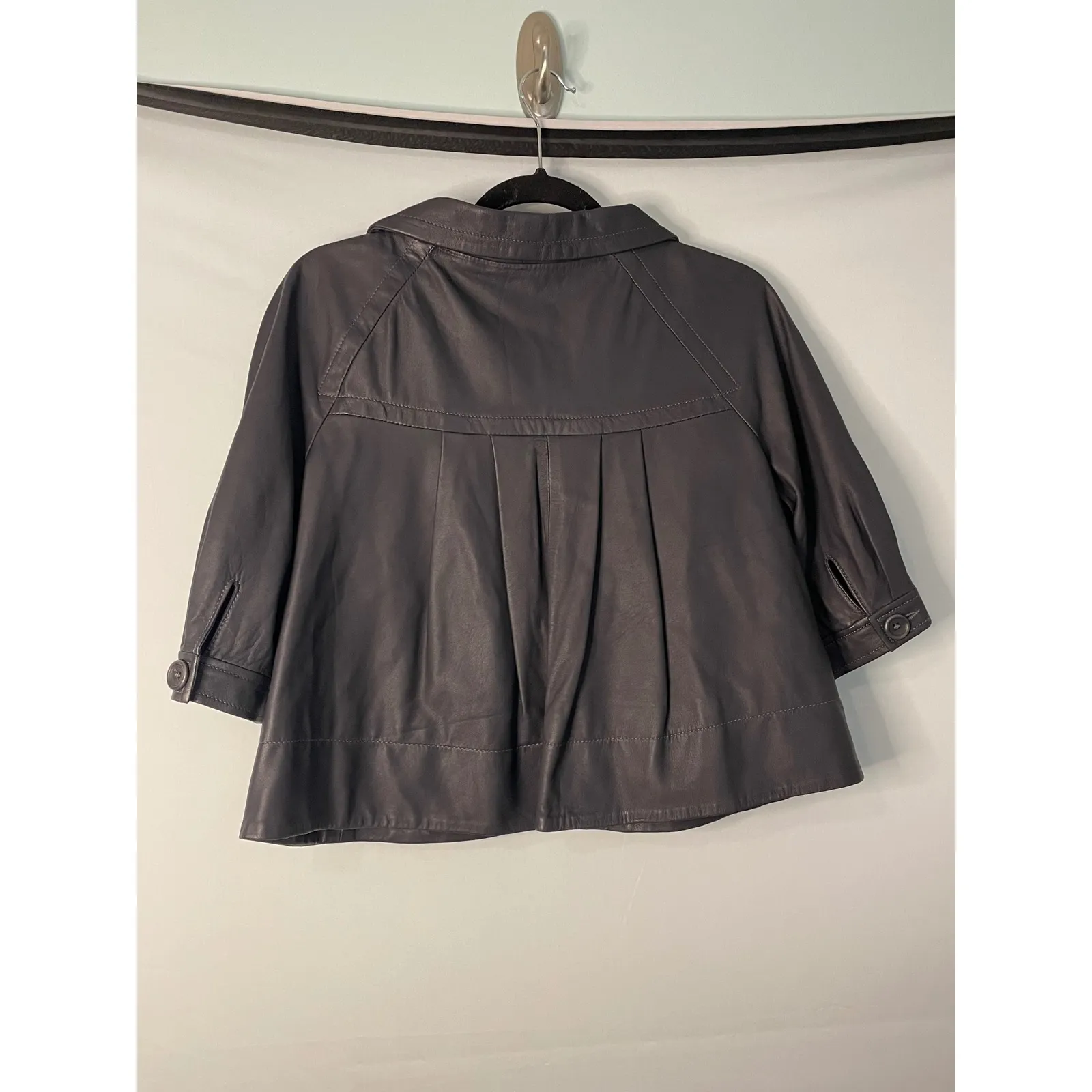 Theory Joli L Leather Cropped Jacket 3/4 Sleeve Button Front Made in Italy - Image 7