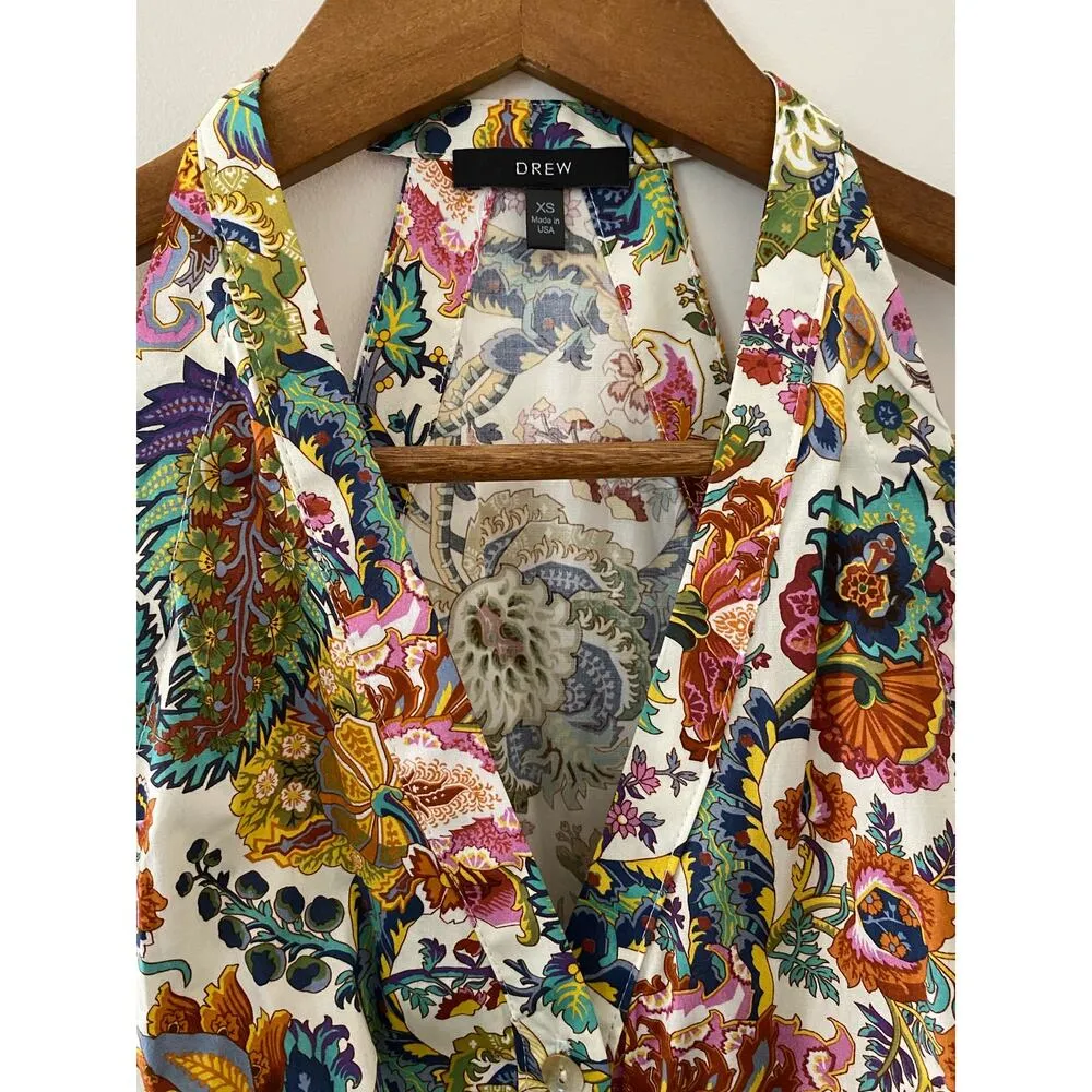 DREW Floral White Multicolor Button Twist Front Top Sleeveless EUC XS Preppy - Image 3