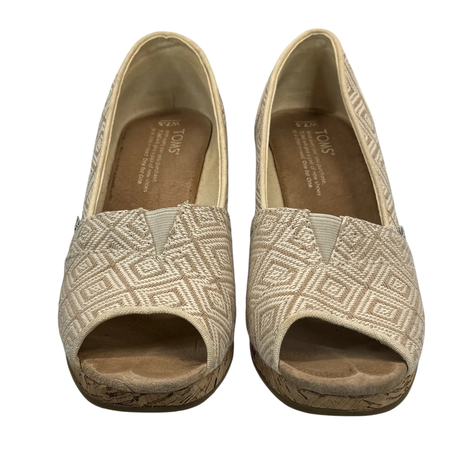 TOMS Strappy Cork Wedge Sandals Sz 7 Beige Ikat Canvas Peep‎ Toe Espadrille Boho - Image 4
