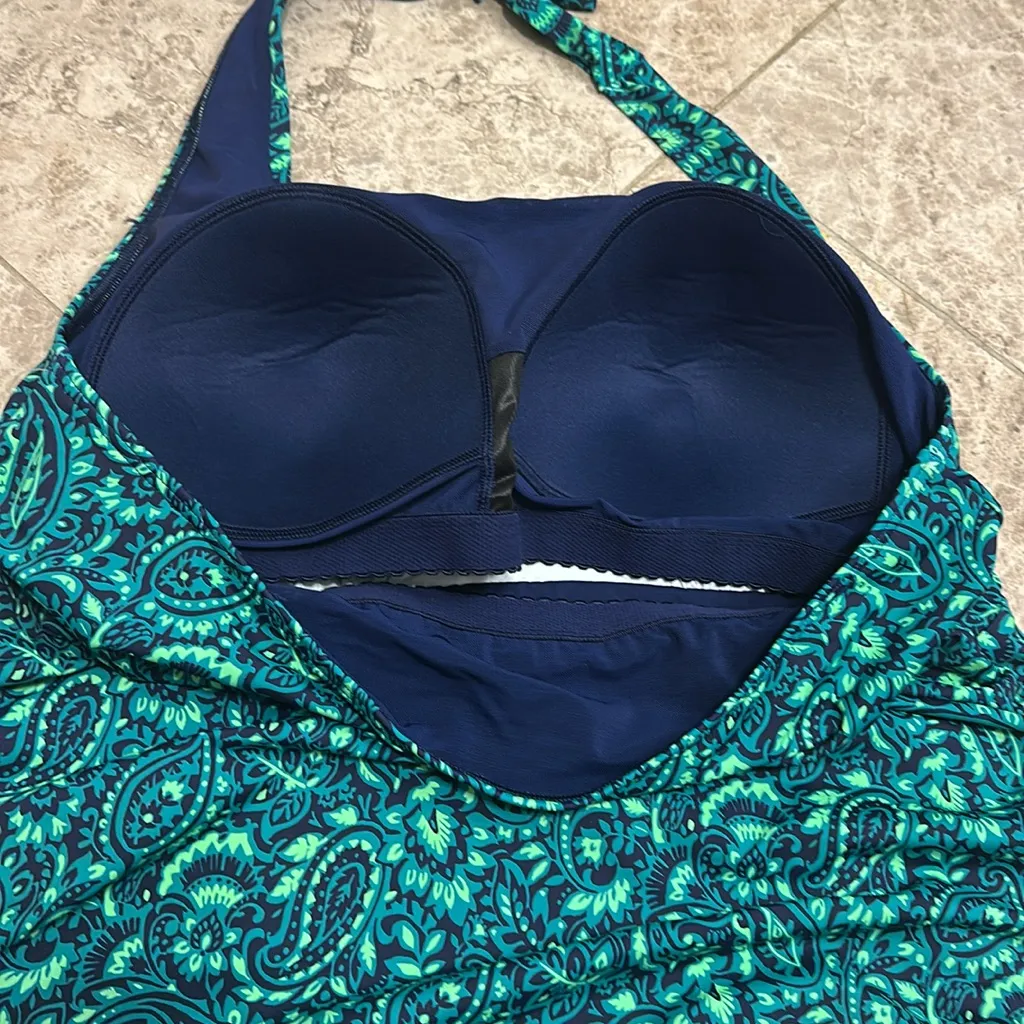 Lands End Plus Size Long Torso Square Neck Halter Tankini Swim Top 22W/L Blue - Image 12