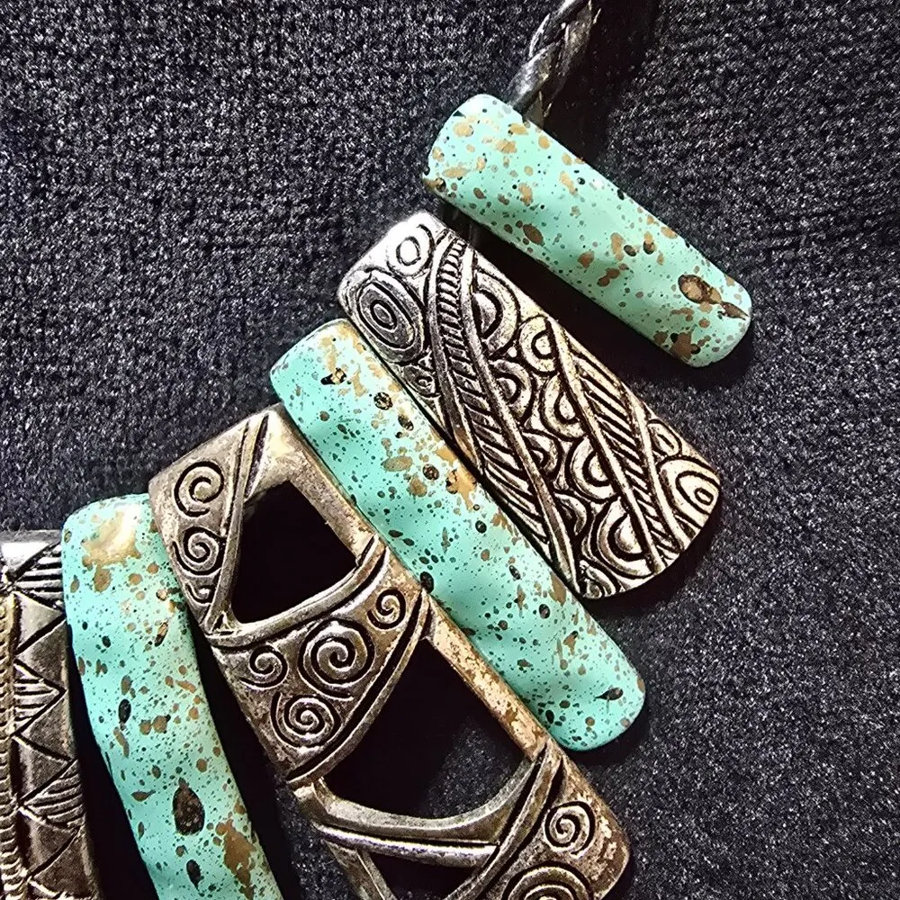 Womens Leather Cord Turquoise Beads & Silver Accent Rectangle Pendant Necklace - Image 4