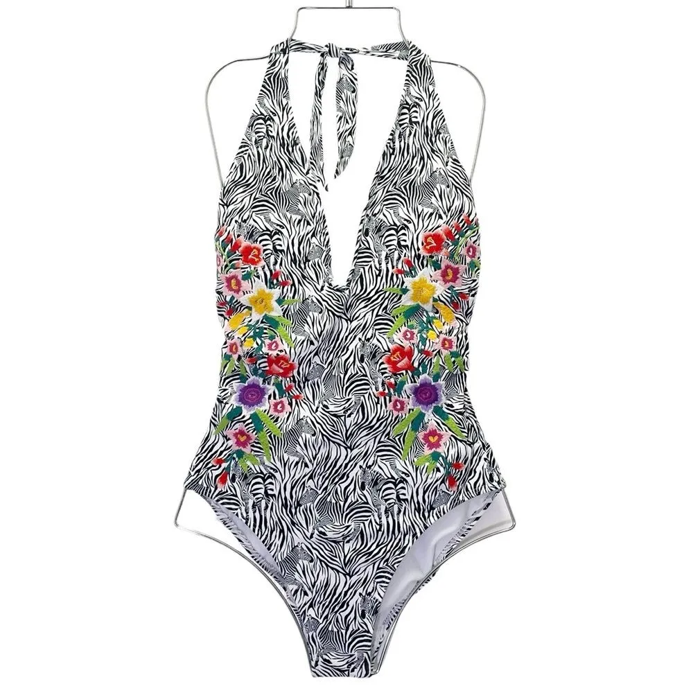 Johnny Was Spring Halter Embroidered One-Piece Floral Zebra Swimsuit Size Medium - Image 3