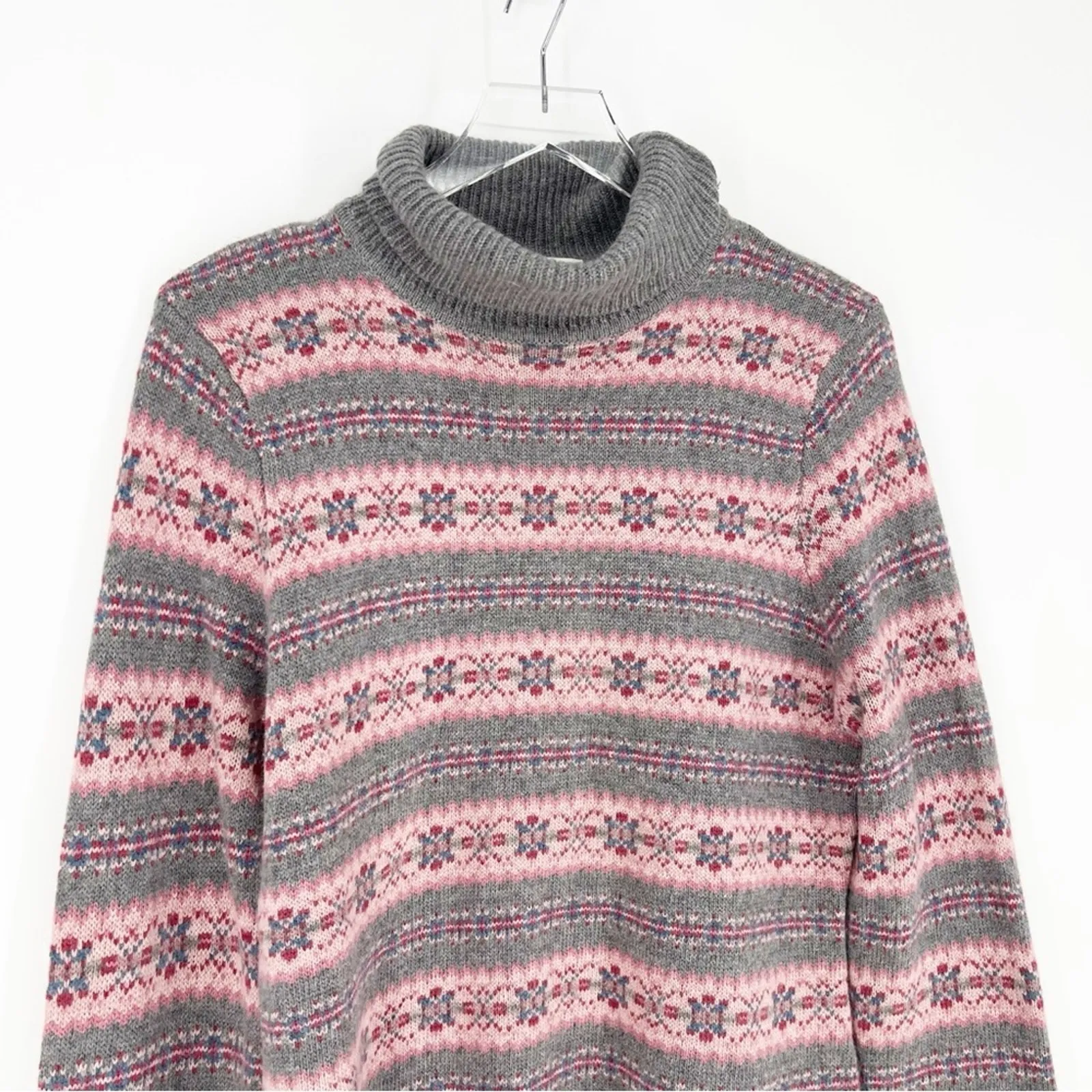 Garnet Hill Fair Isle Angora Blend Turtleneck Sweater L Grey - Image 4