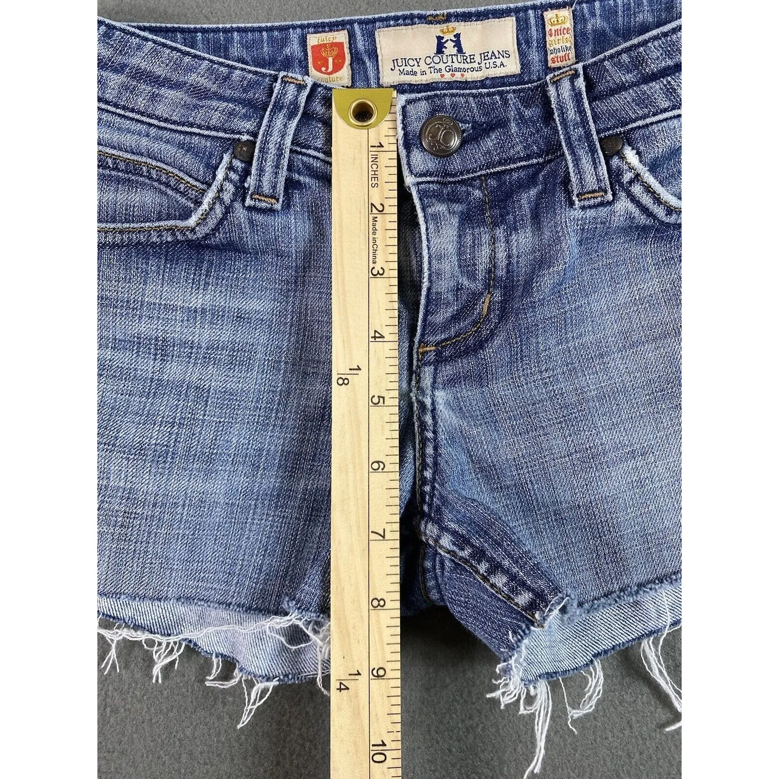 Juicy Couture Jean Shorts Womens 26x2 Blue Cut Off Shortie Frayed Low RiseTag 27 - Image 6