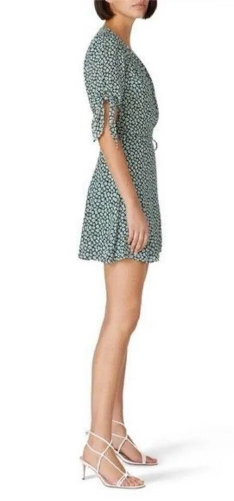 Reformation Venezuela Sammy Crepe Wrap Mini Dress Green White Floral Print Large - Image 3