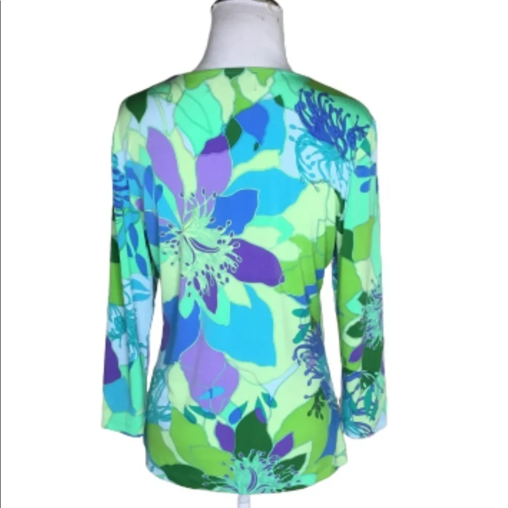 Peck & Peck Weekend 3/4 Sleeve Purple & Green Floral Stretch Casual Career Top S - Image 2