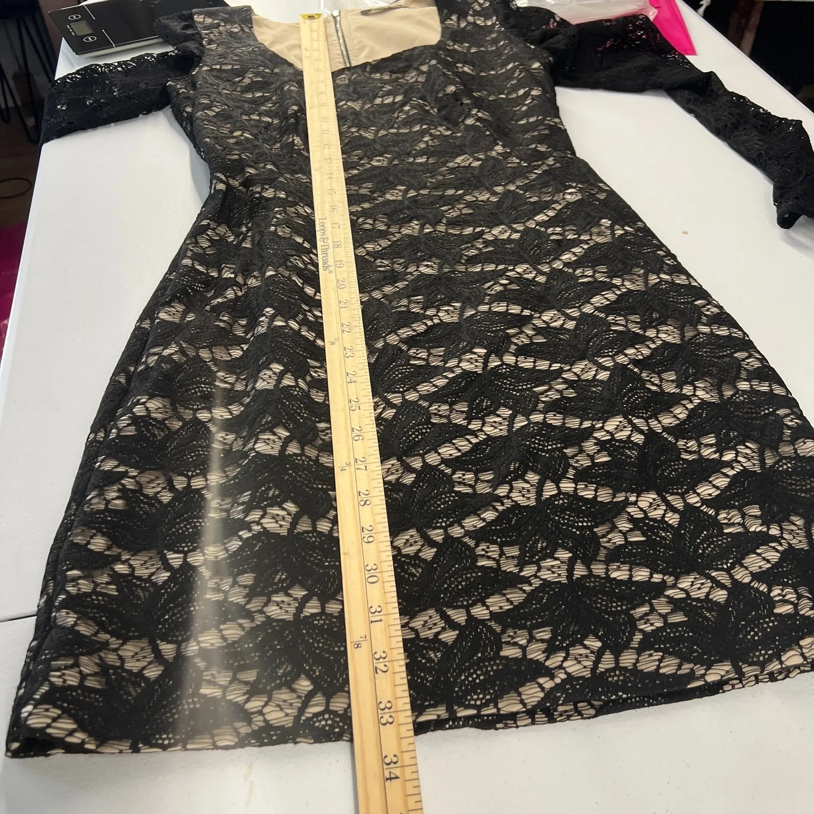 Black Halo Shift Dress Womens Size 2 Black Lace Zip Back Square Neck Long Sleeve - Image 14