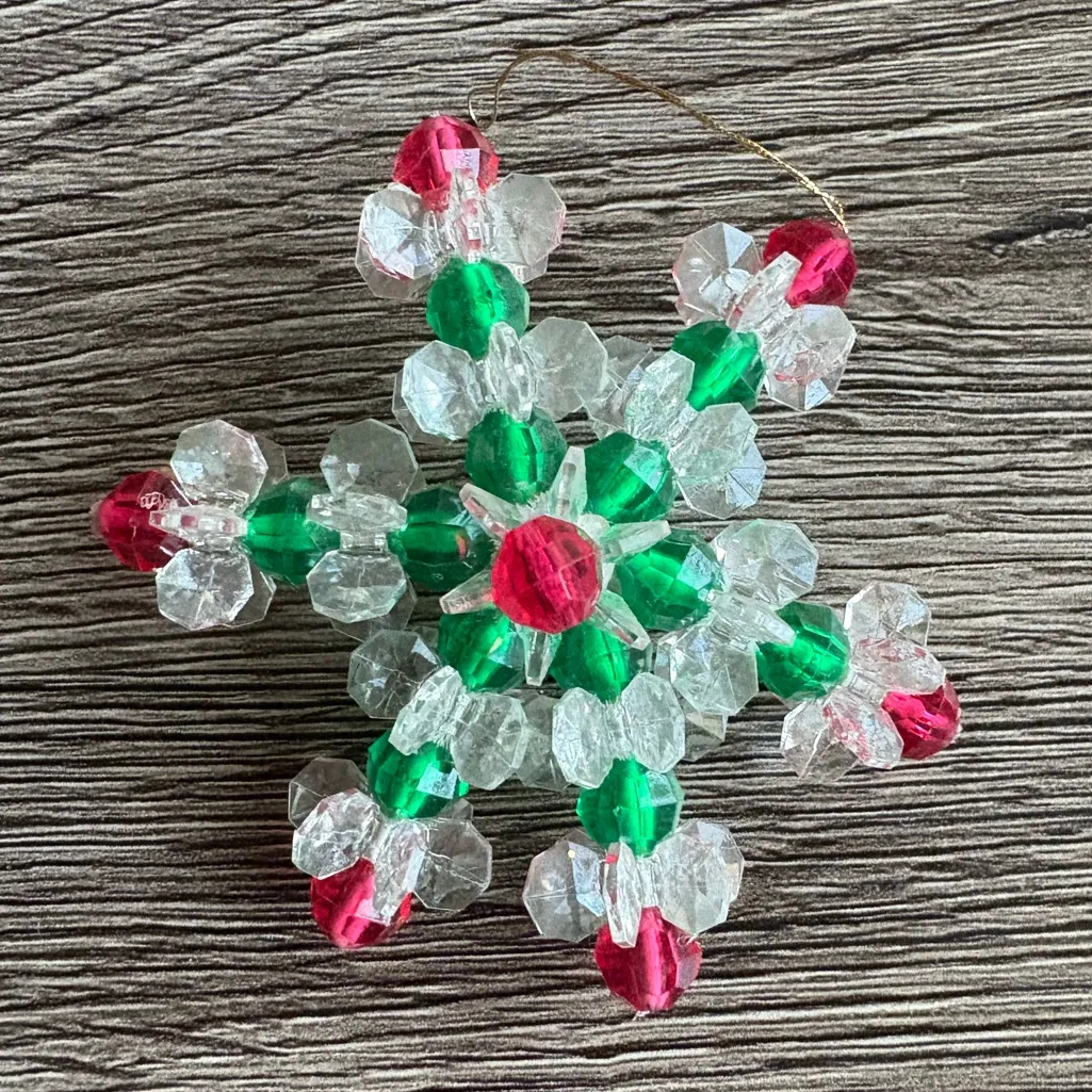 Vintage Handmade Beaded Festive Red and Green Snowflake Christmas Ornament - Image 3