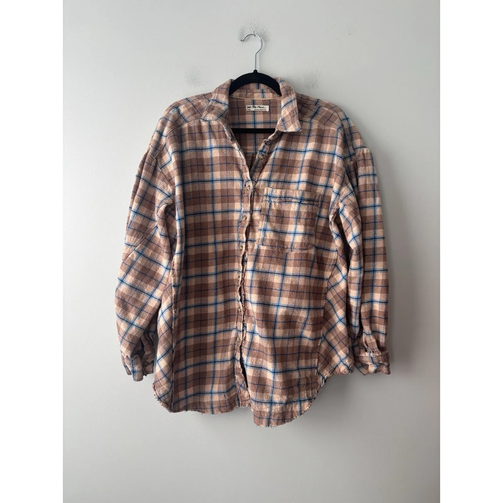 Free‎ People We The Free Happy Hour Oversized Flannel Shirt Tan Blue Size Small - Image 3