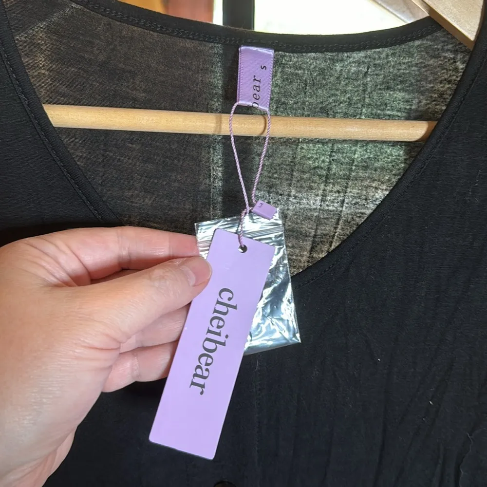 NWT cheibear Women's Short Sleeve Button Down Midi Pajama Dress Black Size Small - Image 6