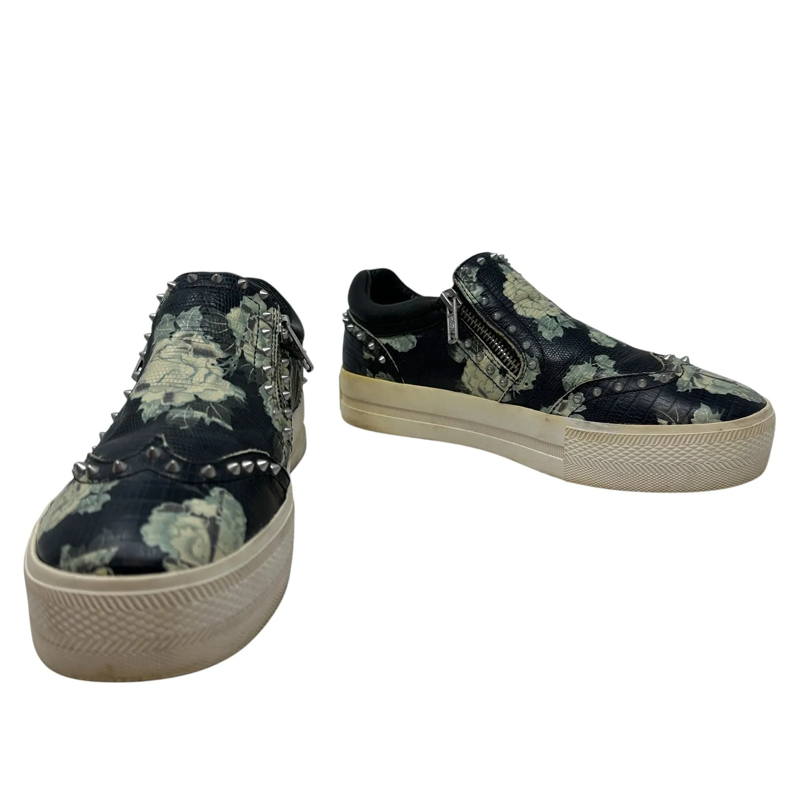 Ash Jasmin Platform Sneakers Leather Floral Studded Black Blue Size 38 US 7.5 8 - Image 5