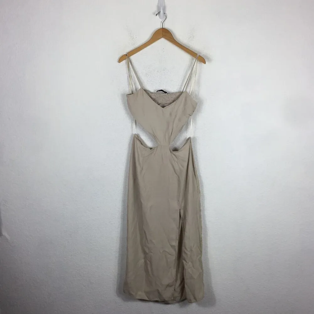 Zara Cream Cut Out Midi Dress Large Smocked Sleeveless Summer Lightweight - Image 3