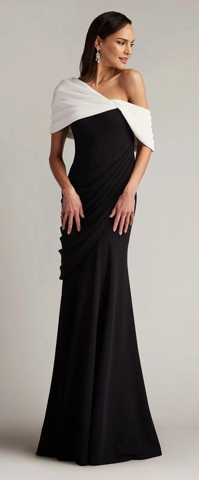 Tadashi Shoji Prewitt Pleated Drape Black White Formal Evening Gown Size S - Image 1