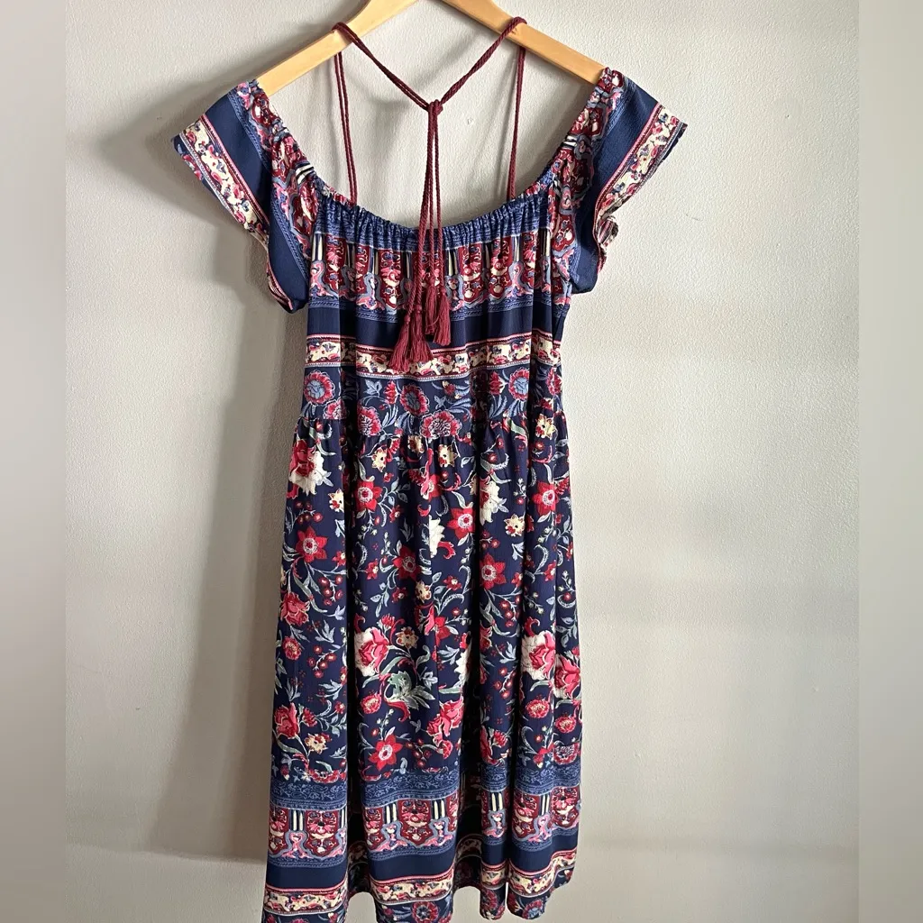 Knox Rose Boho Floral Off Shoulder Tassel Midi Dress M Navy Red Border Print - Image 8