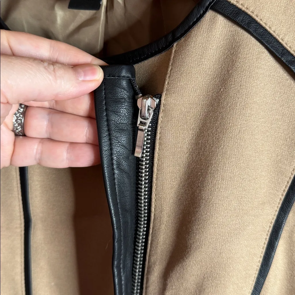 INC International Concepts Faux Leather Trim Khaki Moto Blazer Coat Size Large Tan - Image 4