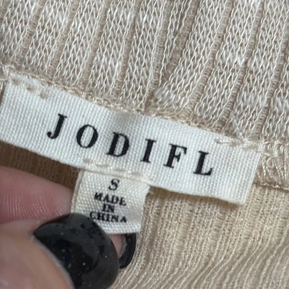 JODIFL women’s size small creamy beige ribbed short sleeve cardigan with pockets - Image 2