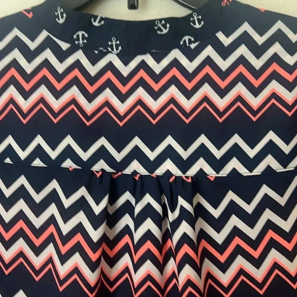 Wishful Park SZ M Nautical Navy Blue White & Pink Anchor Chevron Blouse Top - Image 8