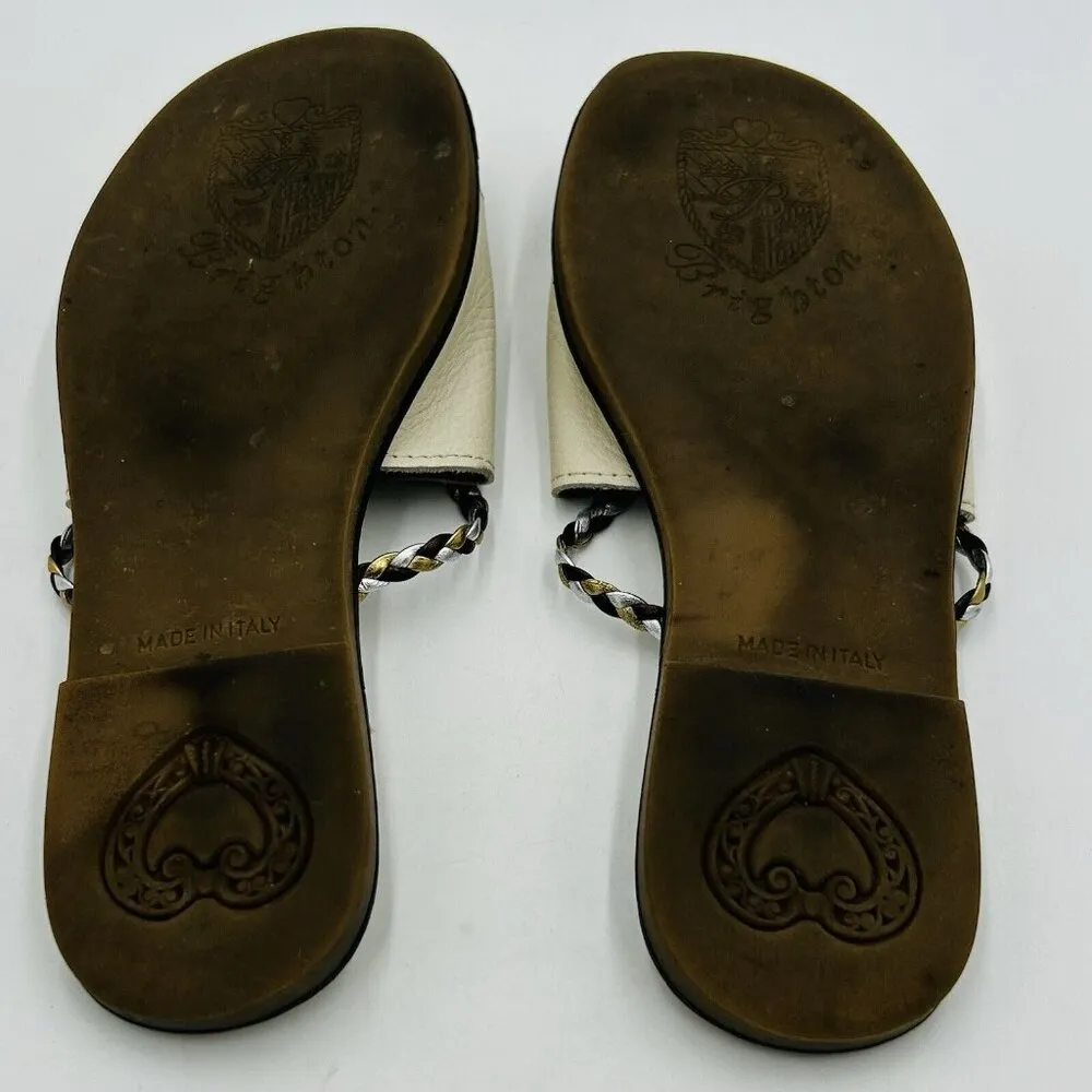 Brighton Ivory Leather Slides Sandals Metallic Braiding Sz 7.5 Flats Olive Beach - Image 8