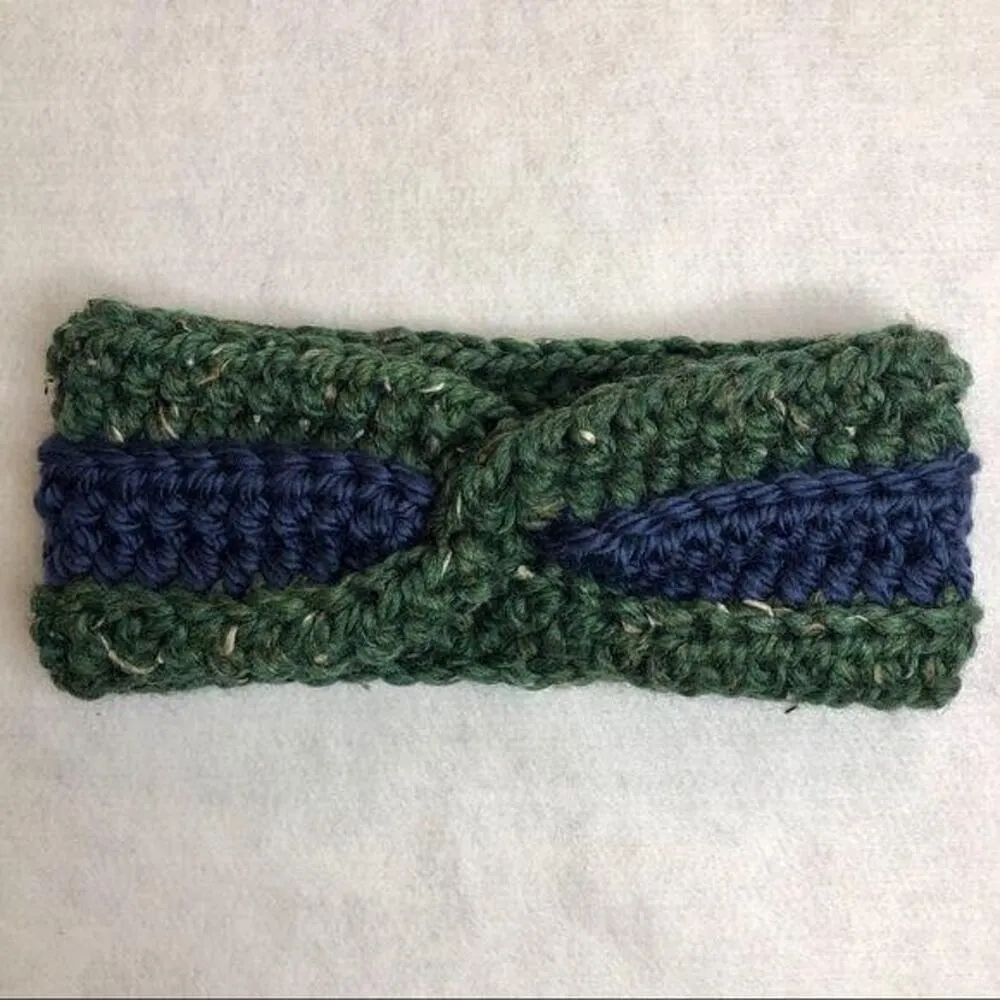 Wool Green and Navy Crochet Twist Ear Warmer Headband - Image 5