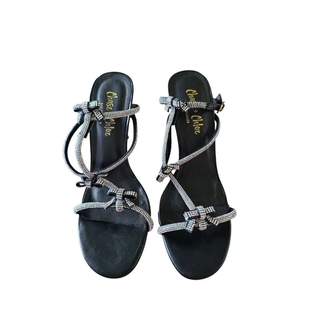 Chase & Chloe Sandals Rhinestone Ankle Strap in Black Gold Heel - Image 2