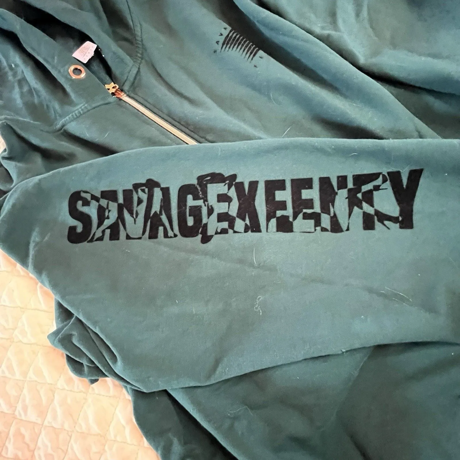 Savage X Fenty XL Dark Green Full Zip One Piece Sweat Suit Hooded Jumpsuit Cozy - Image 4