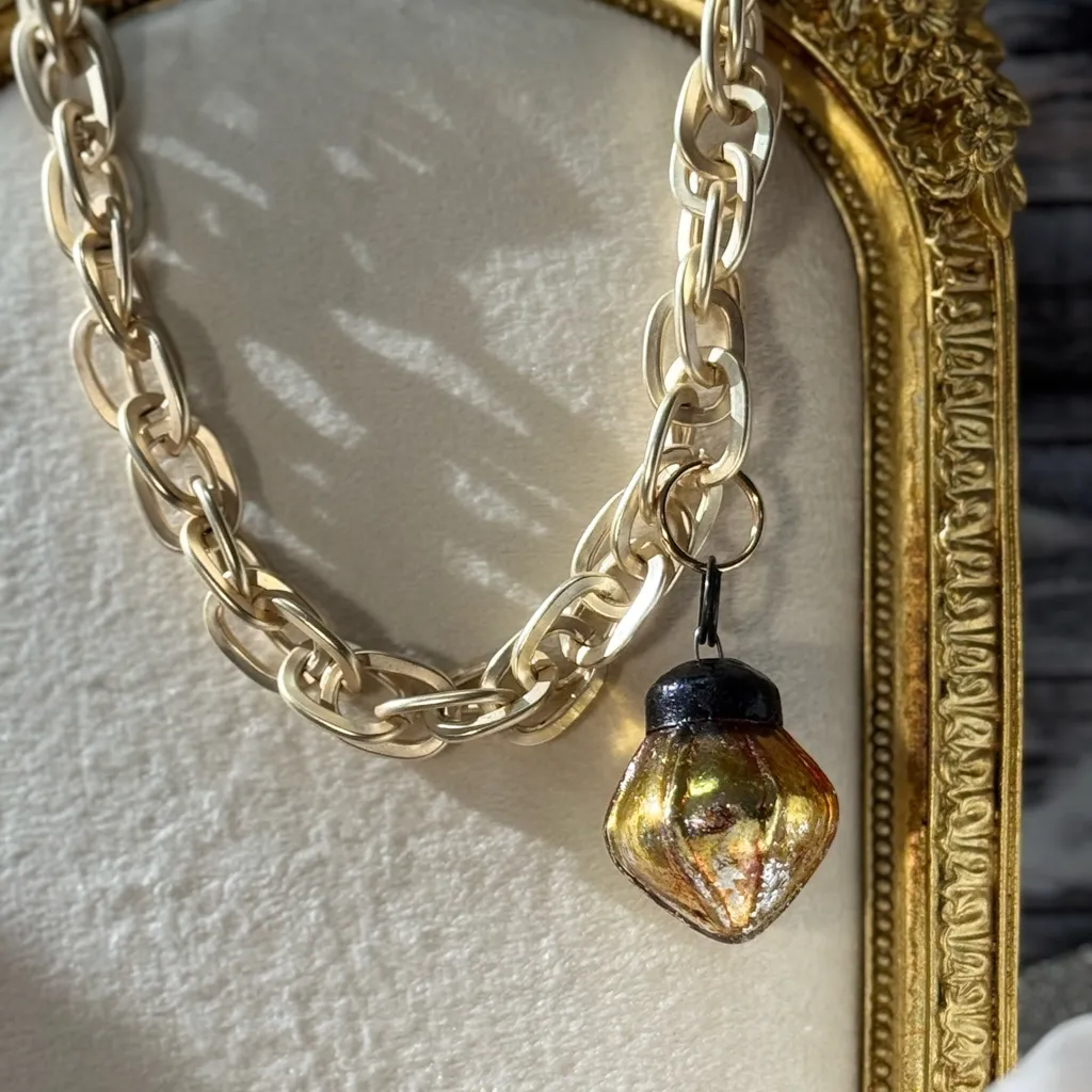 Artisan Matte Gold Necklace with Gold Vintage Ornament Pendant - Image 10