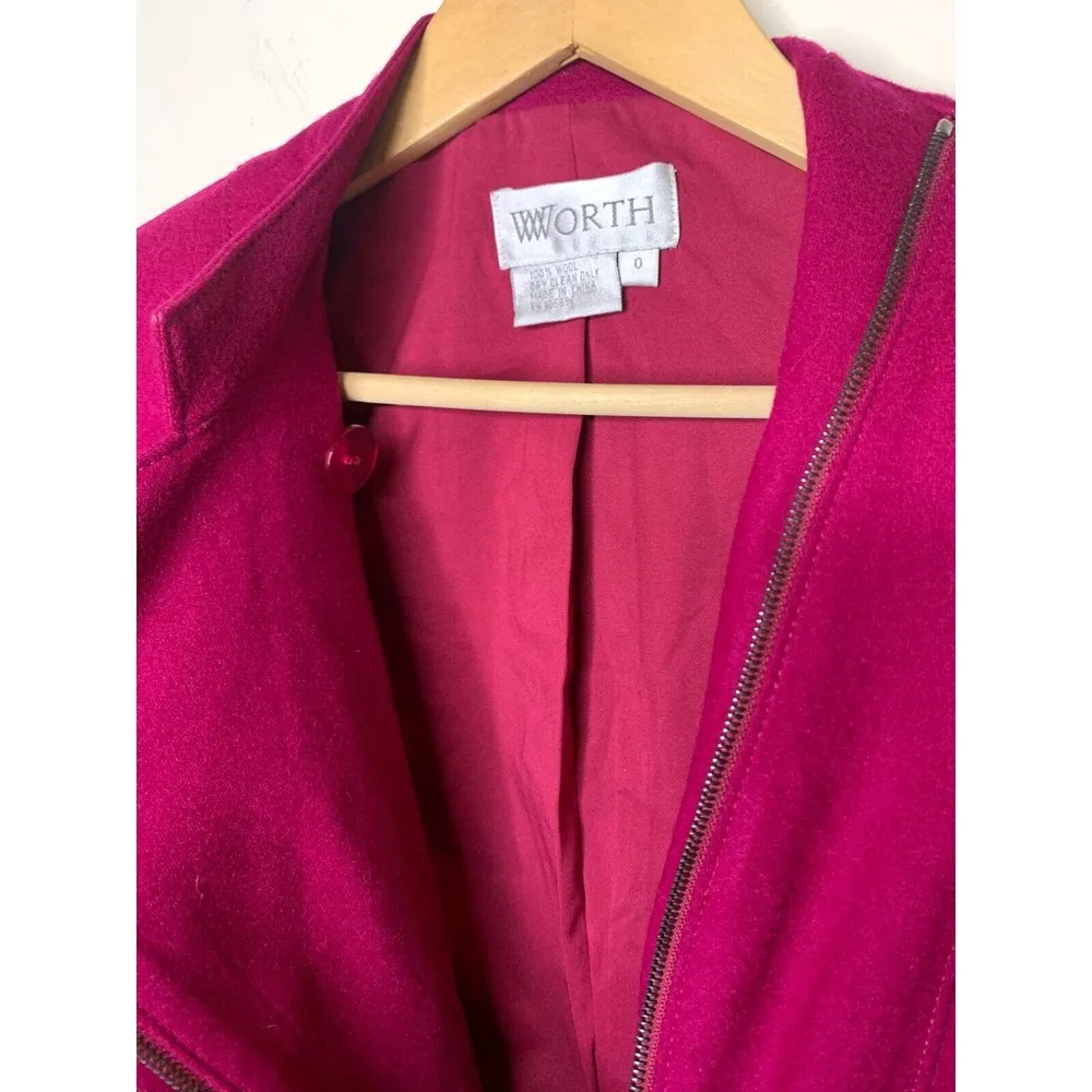WORTH Size 0 Wool Jacket Dark Pink Zip Up Exposed Zip Blazer Long Sleeve Lined - Image 4