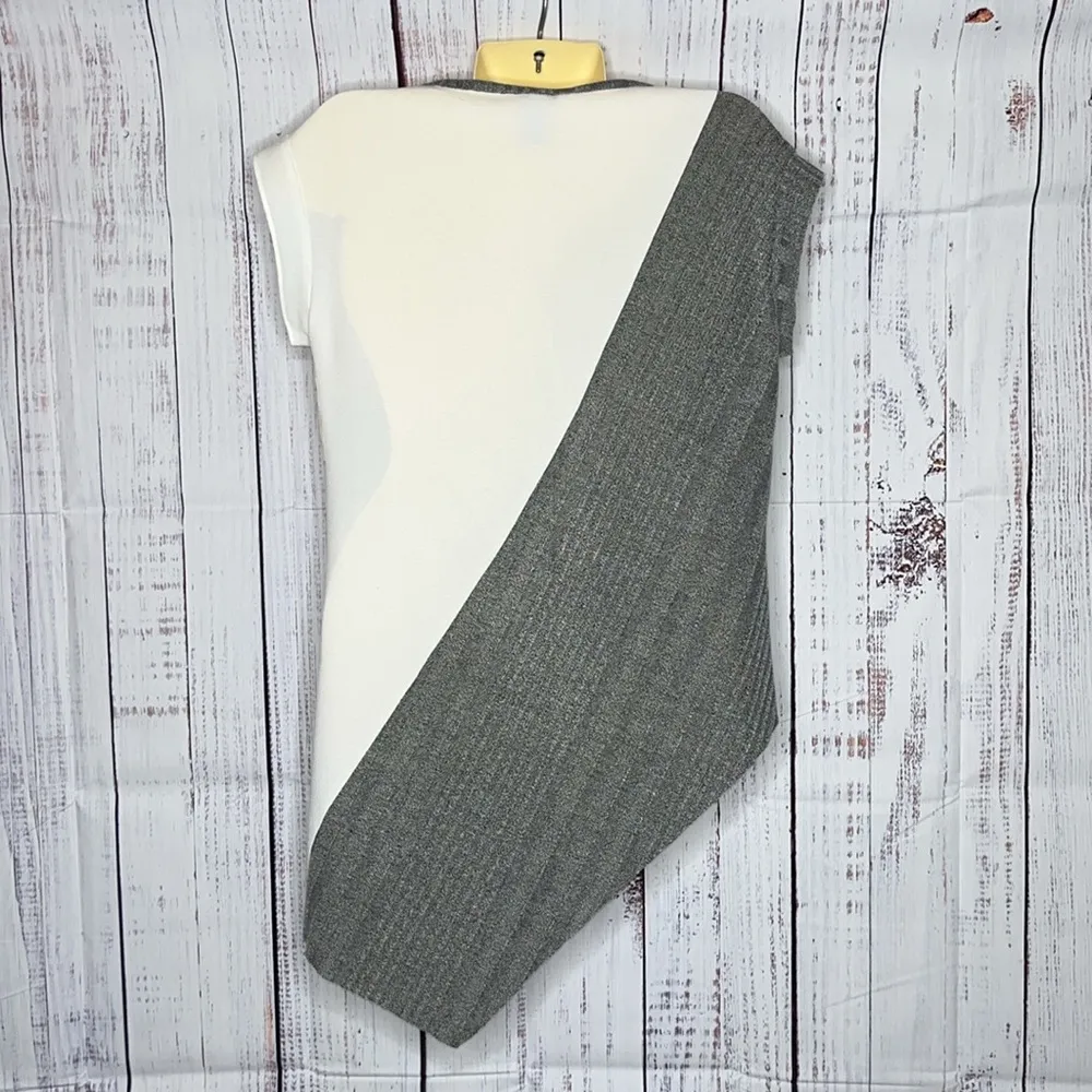 Bar III NWT Sz M White & Gray Colorblock Asymmetrical Hem Mixed Media Blouse Top - Image 2