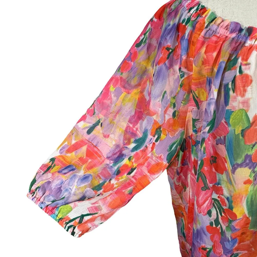 Lane Bryant SZ 18/20 Top Floral Semi-Sheer Boat Neck 3/4 Balloon Sleeves Smocked - Image 4