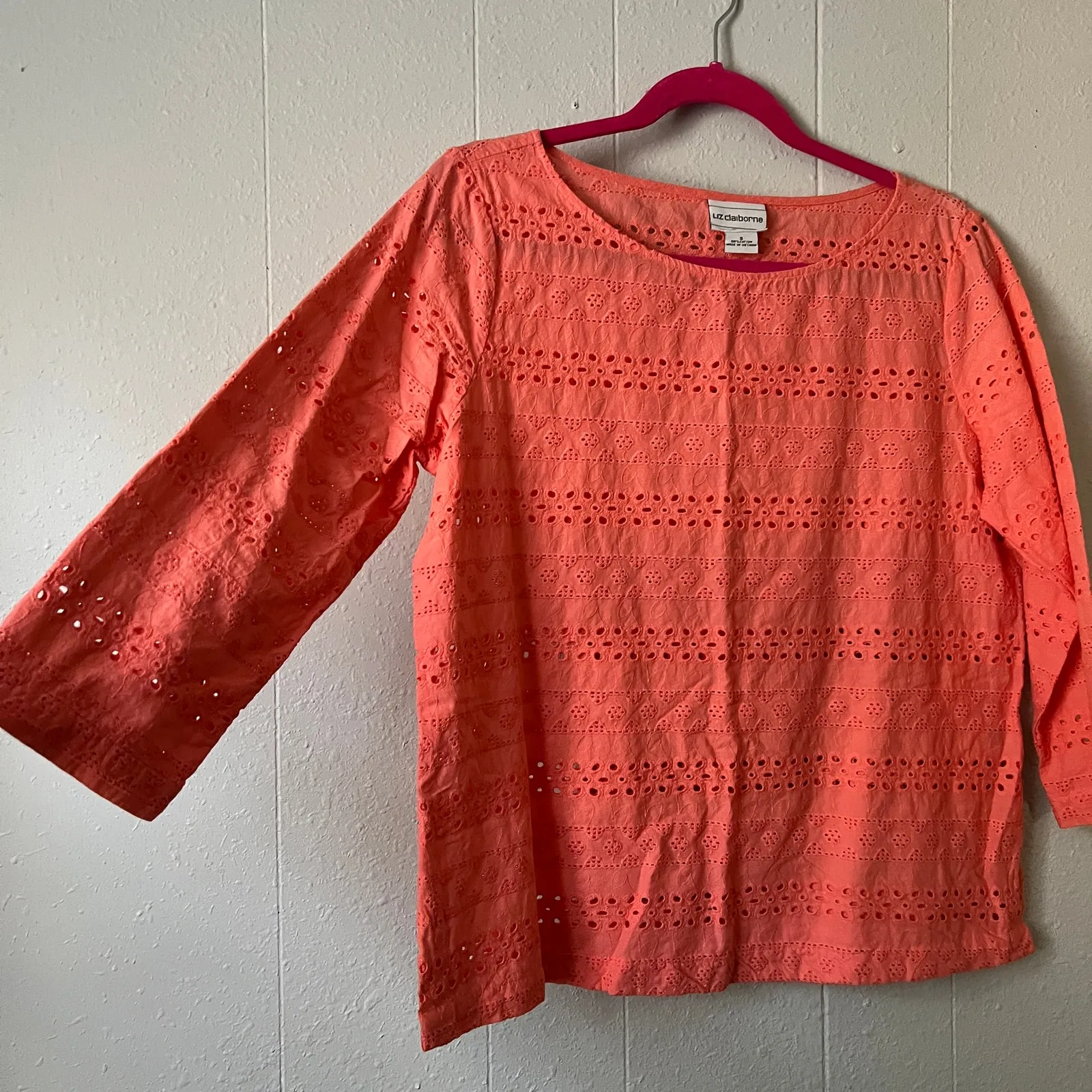 Liz Claiborne Eyelet Orange Top Small Boxy Relaxed Beachy Coastal Preppy Cotton - Image 6
