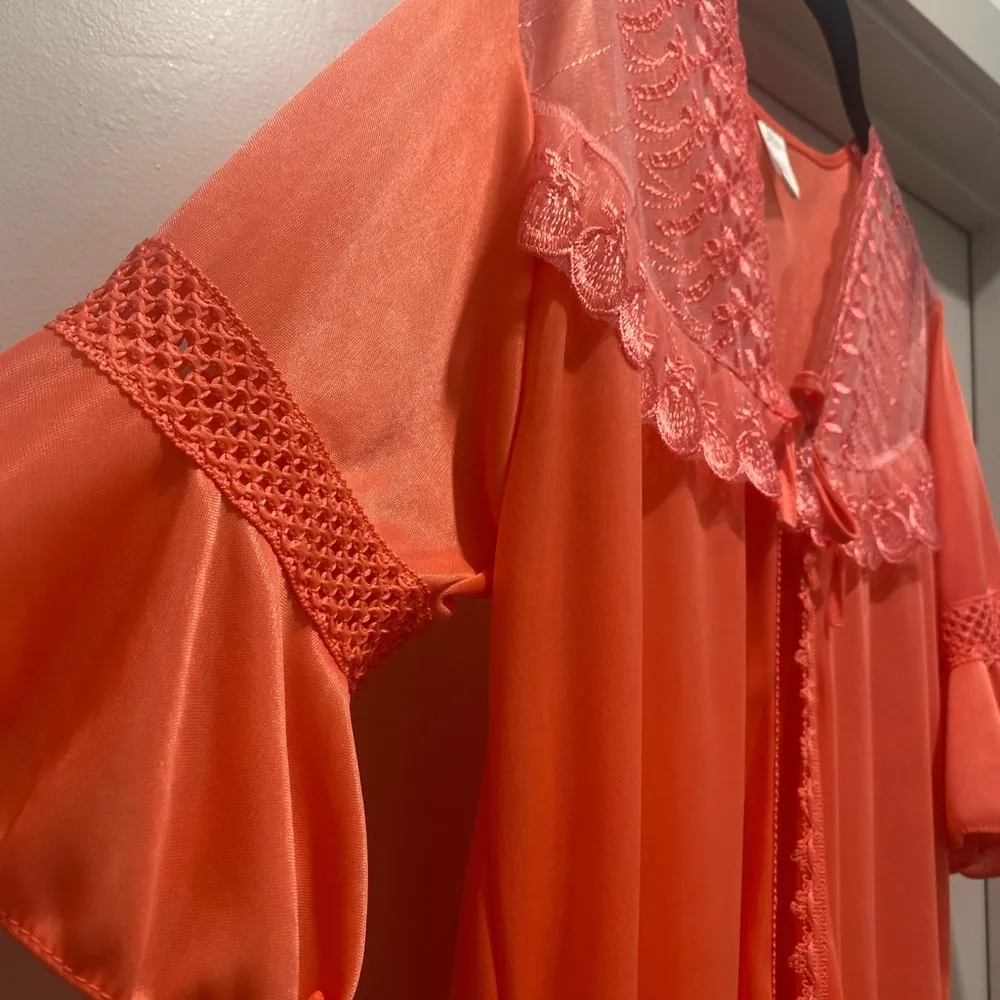 Happie Coquette Coral Pink Lace Ruffle Trim Midi Negligee Nightgown Robe - M - Image 12