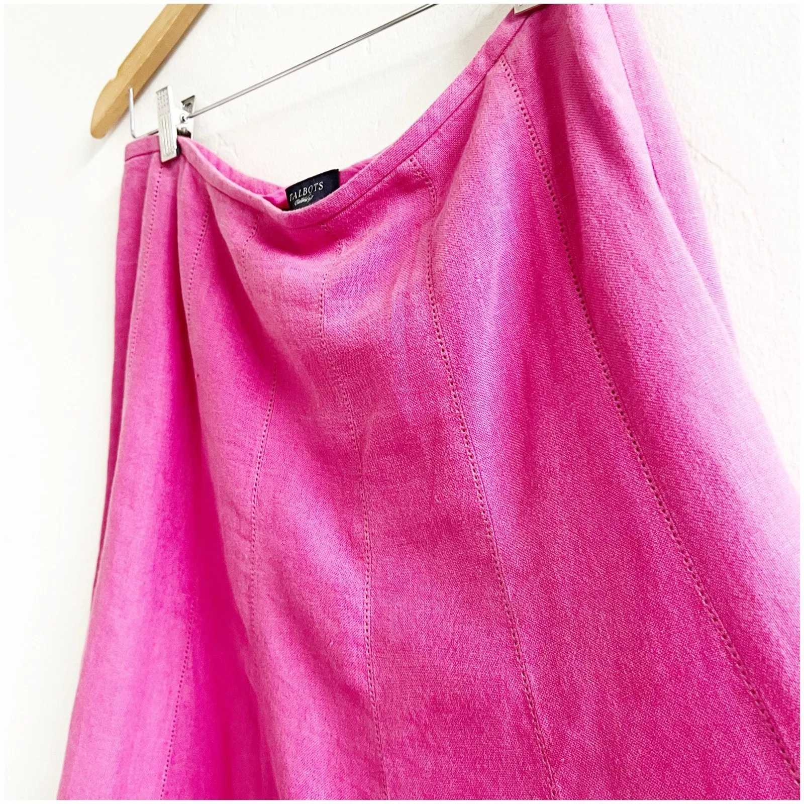 Talbots Pure Irish Linen Aline Skirt Women 12 Pink Stitching Side Zip Lined Boho - Image 6