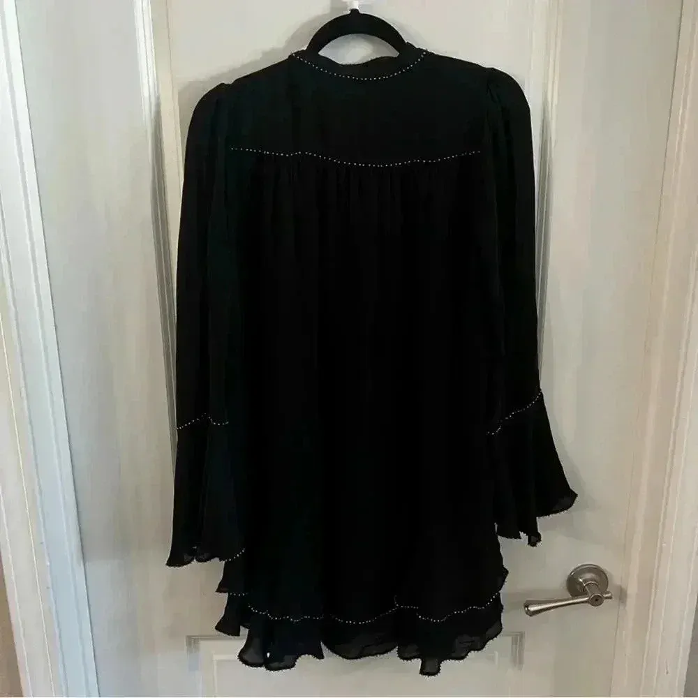 348 Parker Black Cathryn Silk Beaded Smocked Long Sleeve Dress Size Small - Image 3