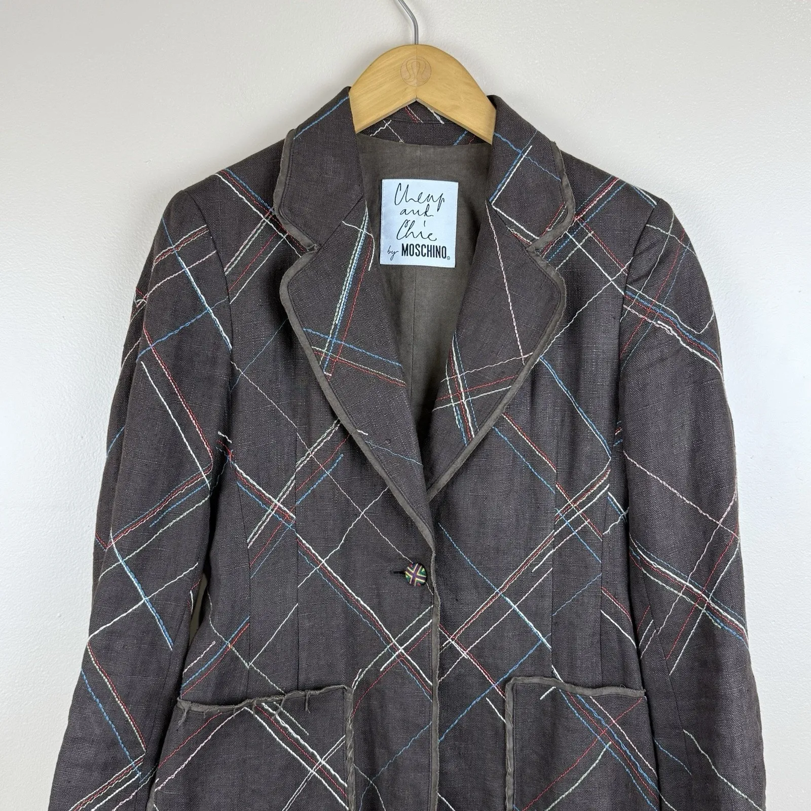 Moschino Cheap and Chic Women’s Blazer Size 6 Linen Stitched Plaid Vintage Boho Brown - Image 2