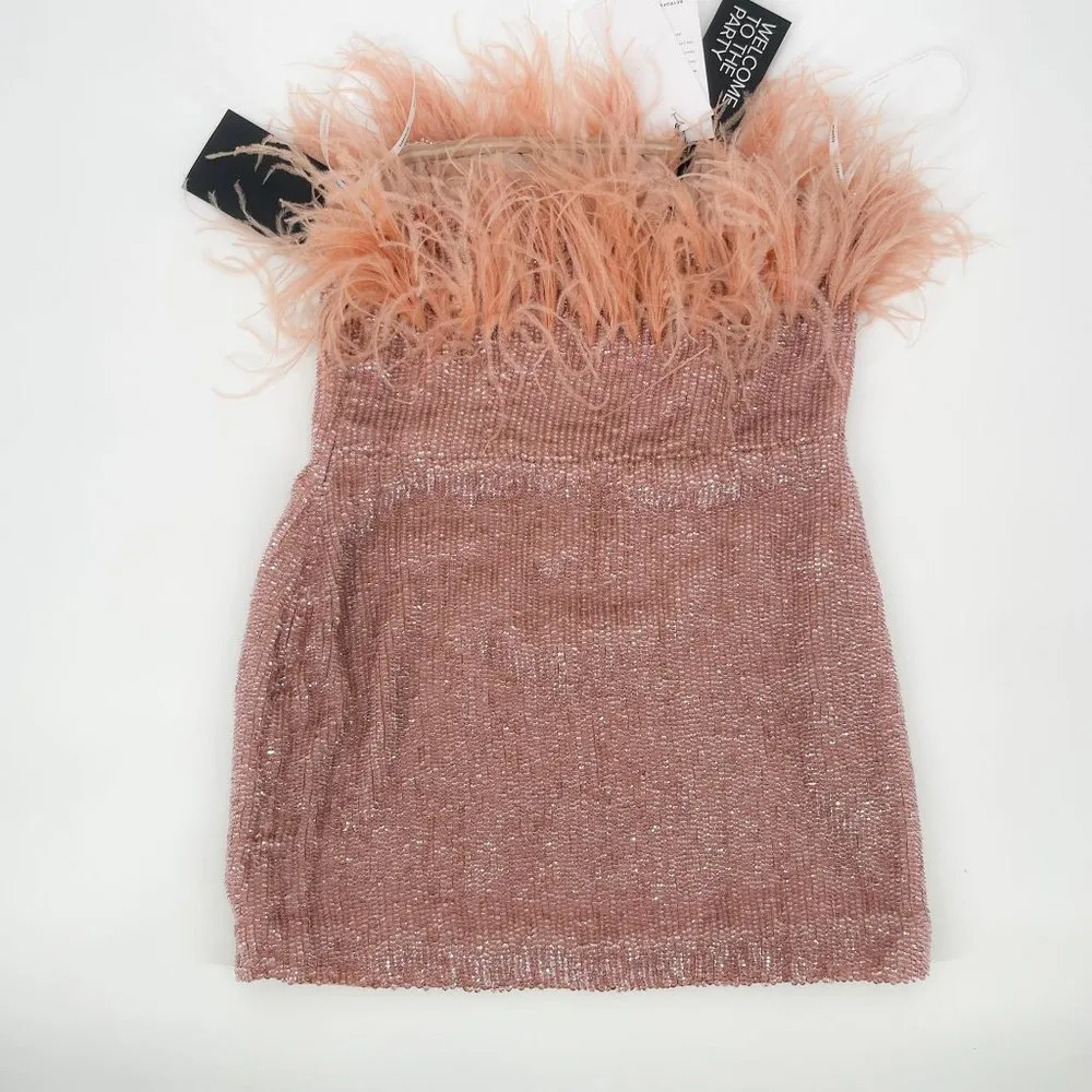 Retrofete Torin Feather Sequin Strapless Mini Dress Dusty Peach Pink - Image 4