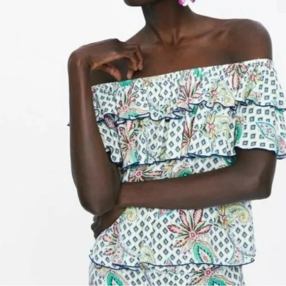 Zara‎ Floral Paisley Off The Shoulder Ruffle Top Women's Size XS - Image 8