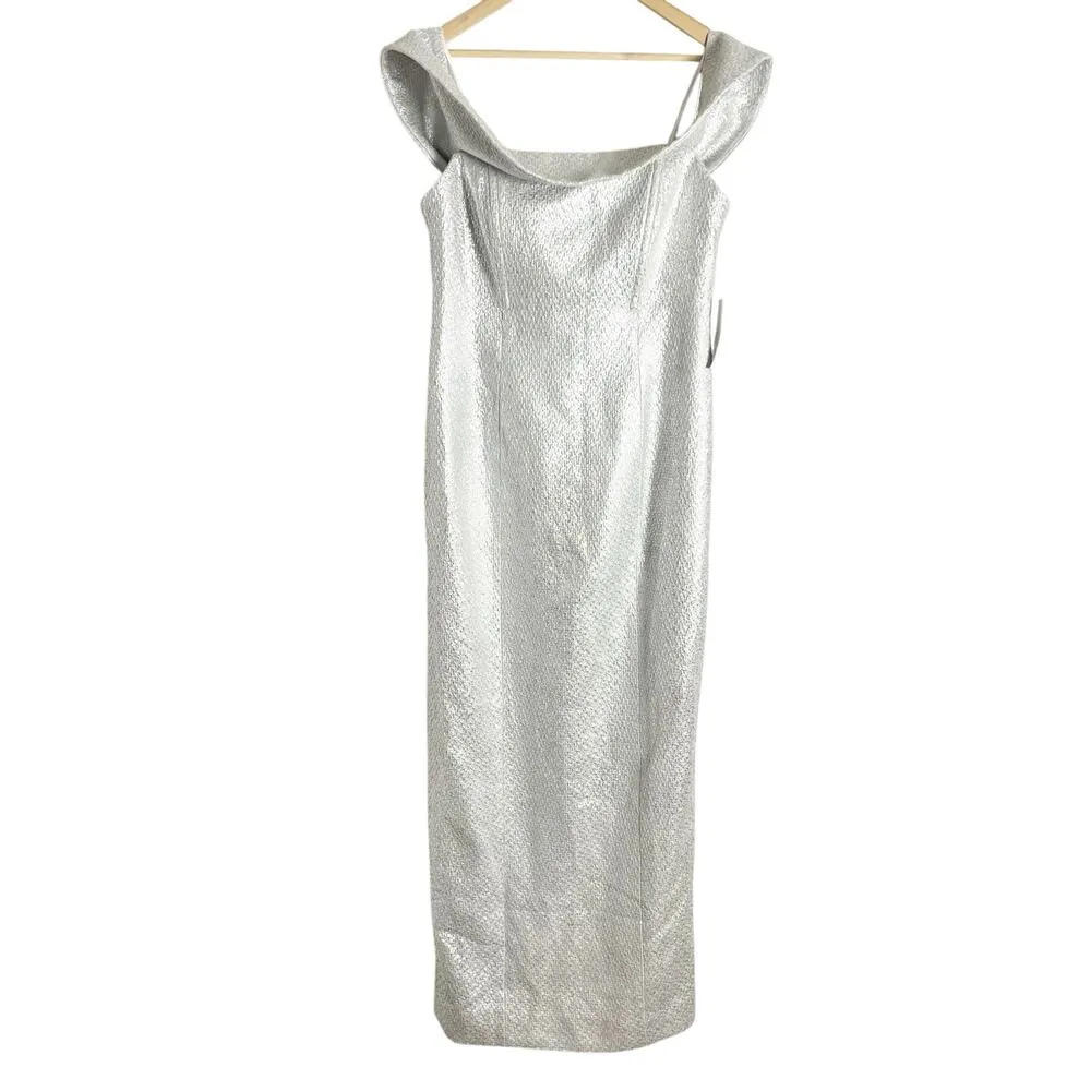 Mestiza New York Mona Silver Metallic Tweed Off the Shoulder Formal Gown 14 - Image 4